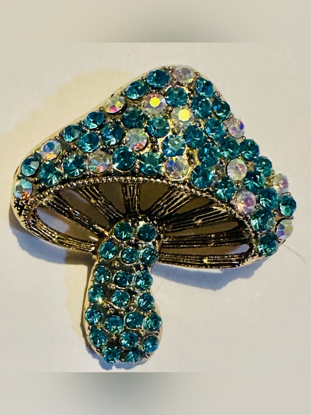 Blue and Iridescent Crystal Mushroom Brooch - Sparkling Accent Gold Tone